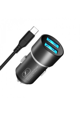 Автомобільний зарядний пристрій SkyDolphin SZ02T Aluminium (2USB, 2.4A) Black (AZP-000072) + кабель Type-C