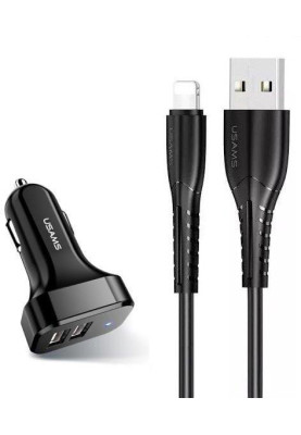 Автомобільний зарядний пристрій Usams U35 (2xUSB, 2.1A) Black (6958444985961) + кабель Lightning