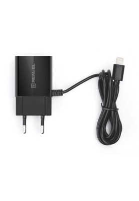Мережевий зарядний пристрій REAL-EL CH-217 (2USB, 2.1A) Black + кабель Lightning